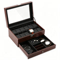 12-Slot Brown PU Leather Watch Box and Jewelry Organizer with Integrated Storage Drawer for Display