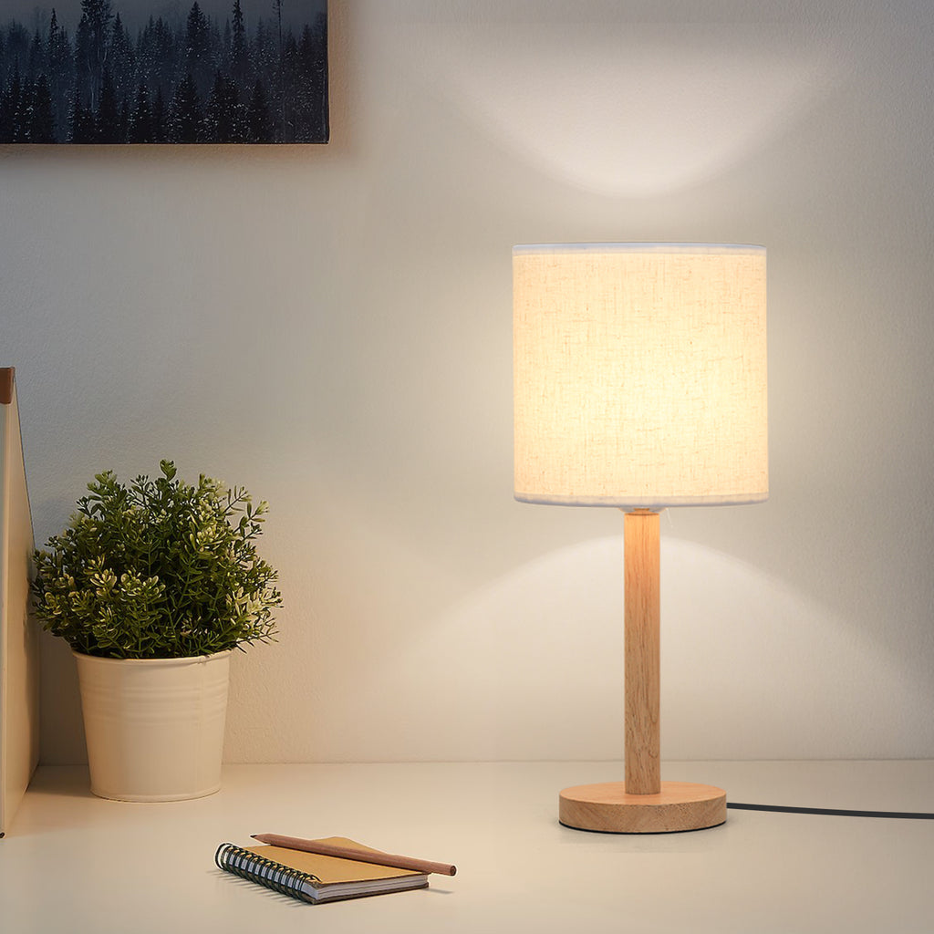 Minimalist Wooden Nightstand Lamp with Fabric Shade, Compact Bedside Table Lamp for Bedroom & Dorm