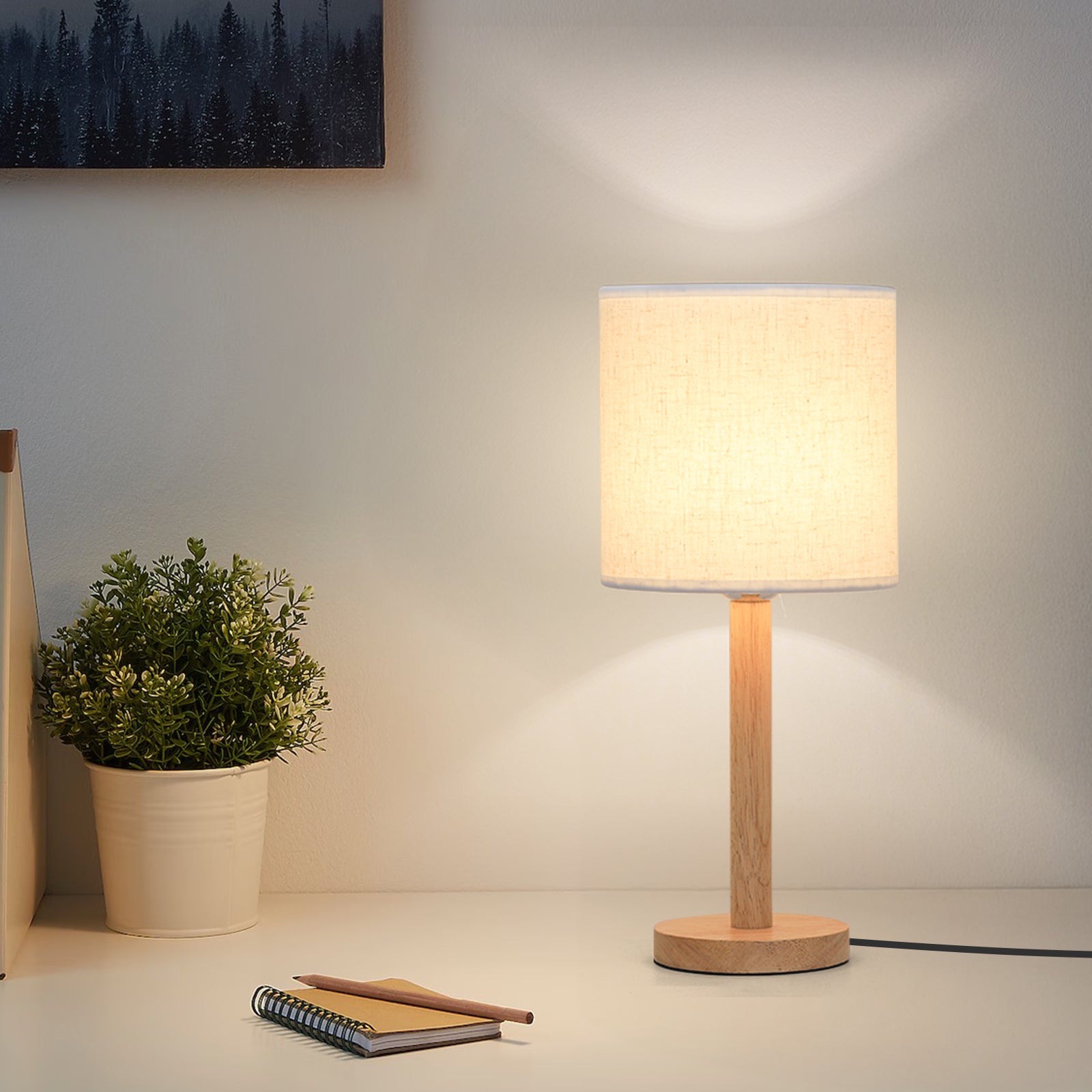 Minimalist Wooden Nightstand Lamp with Fabric Shade, Compact Bedside Table Lamp for Bedroom & Dorm