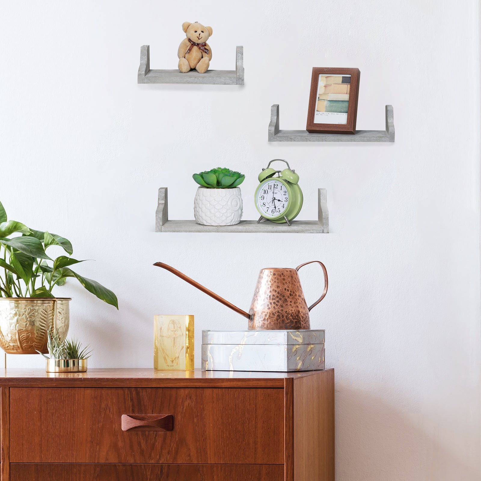Set of 3 White Floating Wall Shelves - Rustic U-Shaped Decorative Display Shelves for Bedroom & Bath