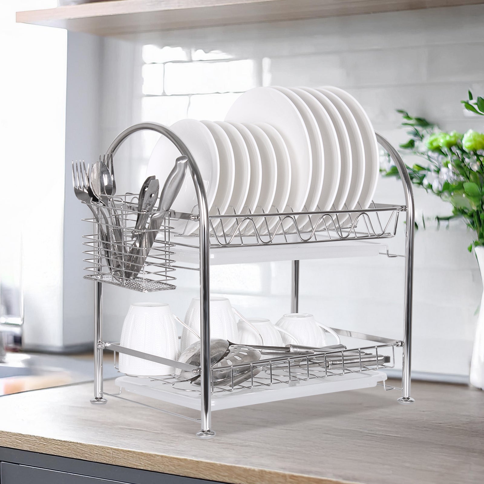Premium 304 Stainless Steel 2-Tier Dish Rack, Rust-Proof Dish Drainer with Utensil Holder