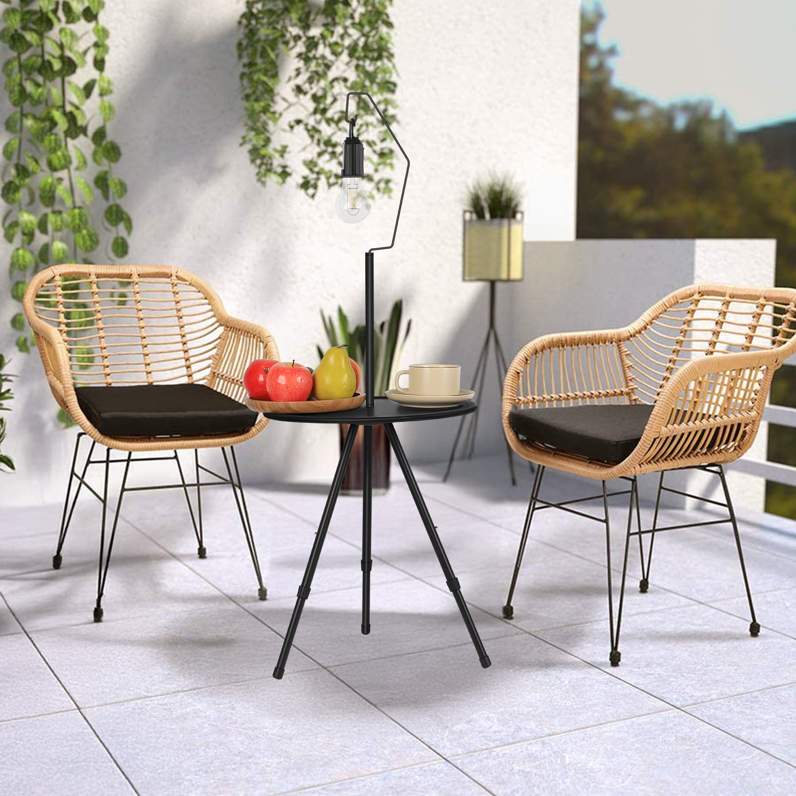 Portable Small Camping Round Table, Foldable & Liftable Round Camping Table with Light Rack, Solar Bulb, Carry Bag for Beach, Tailgating, Hiking, Camping Outdoor