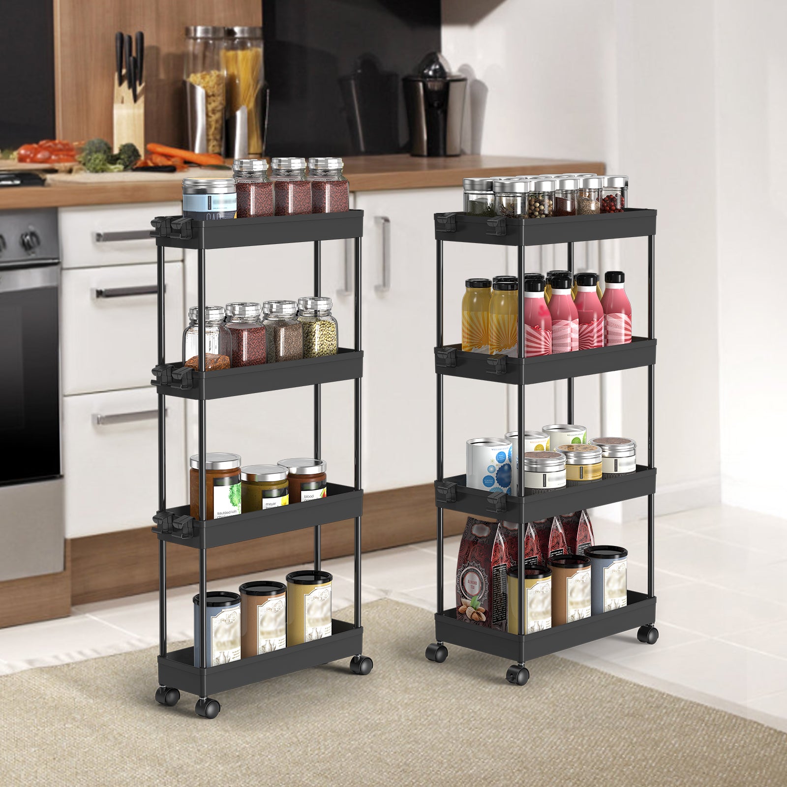2 Packs Slim Storage Rolling Cart with Wheels, 4 Tier Utility Carts Bathroom Organizers and Storage, for Kitchen Narrow Place, Black