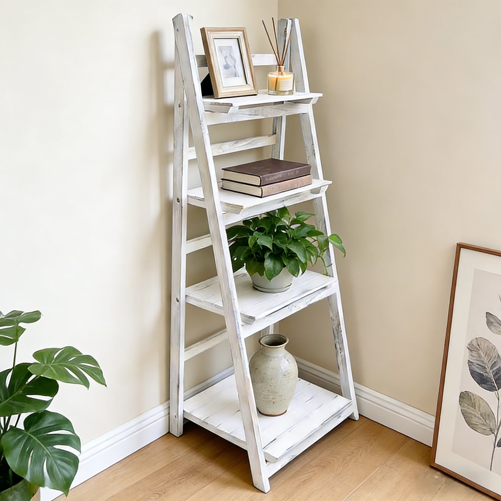 Ladder Shelf, 4-Tier Wooden Plant Shelves, Rustic Flower Display Rack, Freestanding Storage Rack, Indoor Flowerpot Stand Ladder Bookshelf for Living Room, Bedroom, Balcony, Gray White
