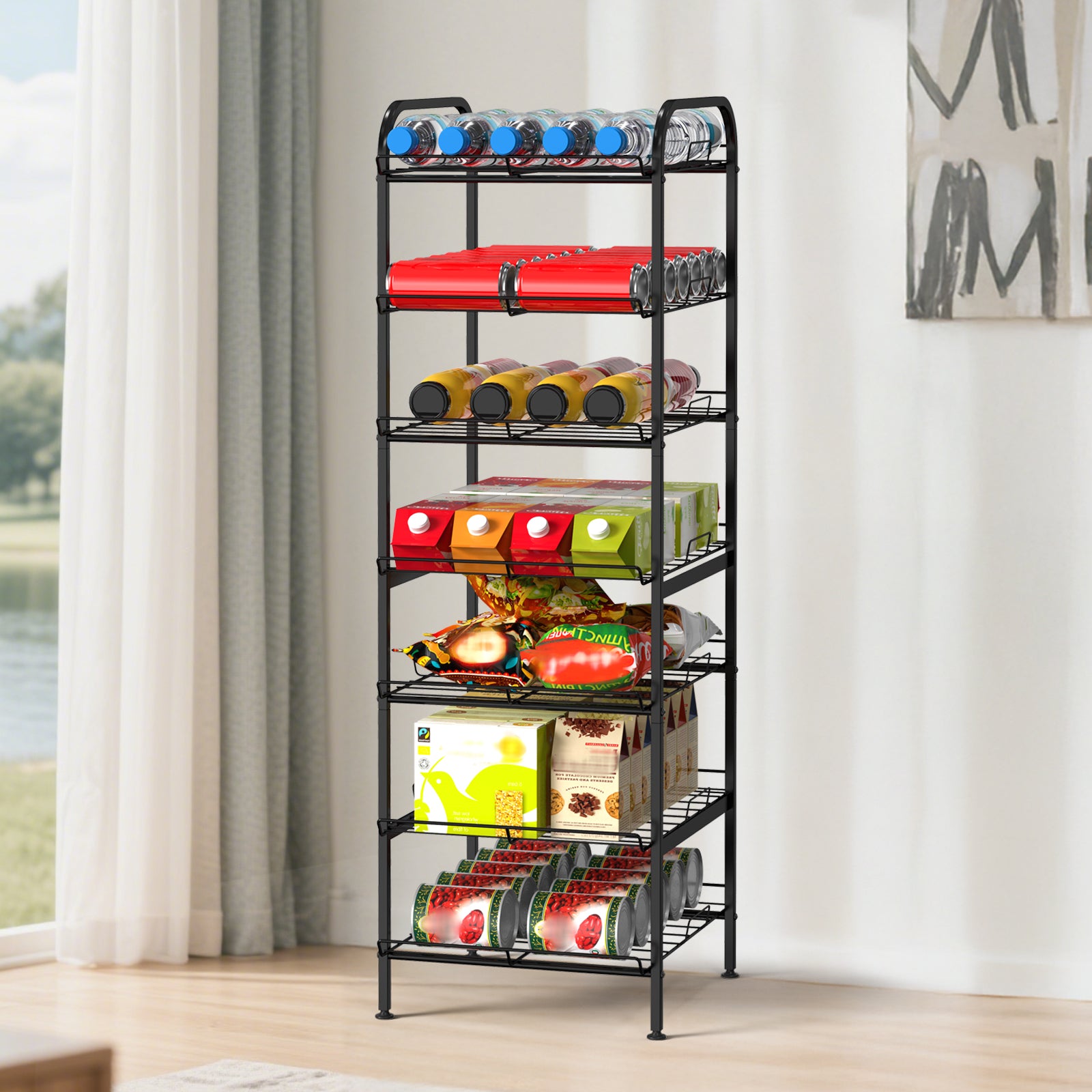 7-Tier Freestanding Water Bottle Organizer, Metal Beverage & Food Storage Rack for Kitchen Pantry,Black/Rustic Brown/White