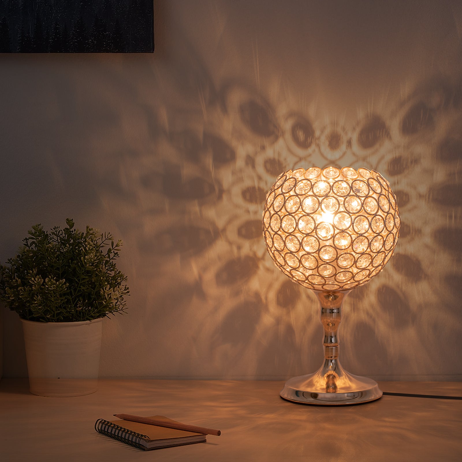 Spherical Gold Crystal Desk Lamp, Elegant Decorative Bedside Lantern Night Light for Dresser & Hallway