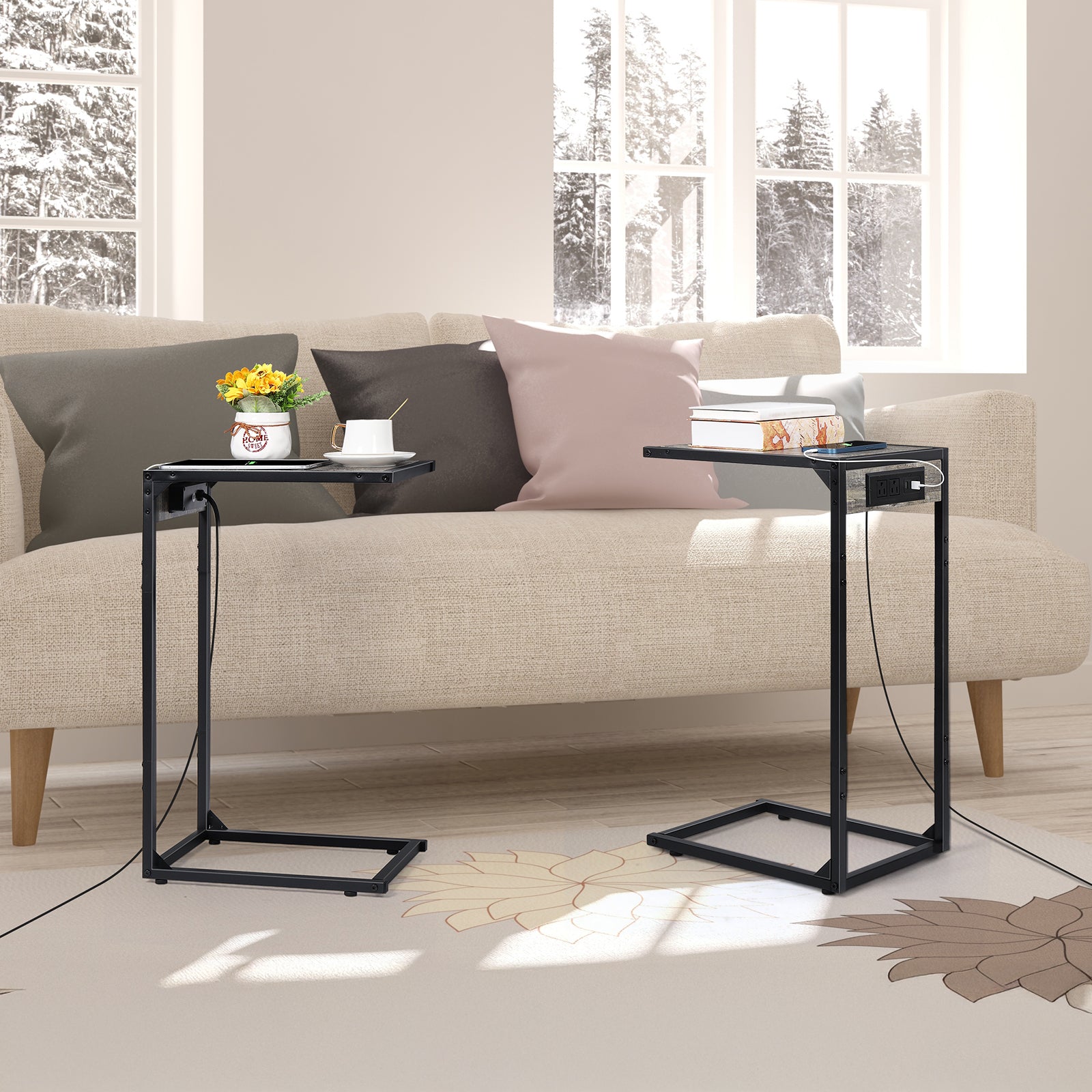 Set of 2 C-Shaped End Tables with Charging Station, Mobile Snack Tables for Sofa & Couch, Oak Grey Finish,