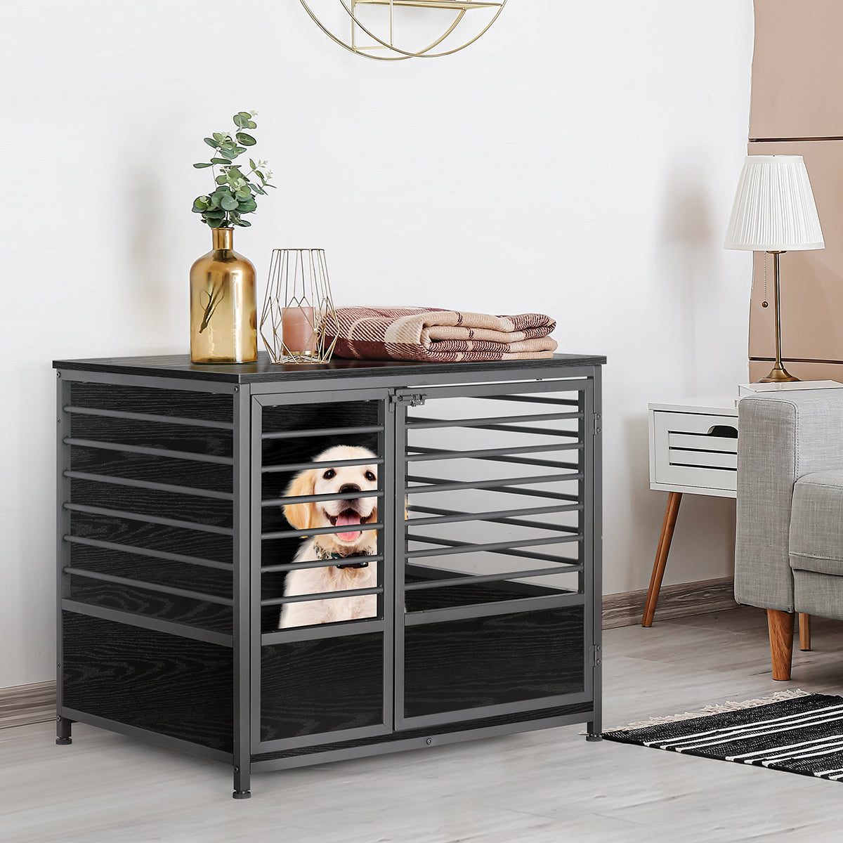 Furniture Style Dog Crate End Table, Medium Decorative Pet Kennel with Metal Frame & Wooden Top, Space-Saving,