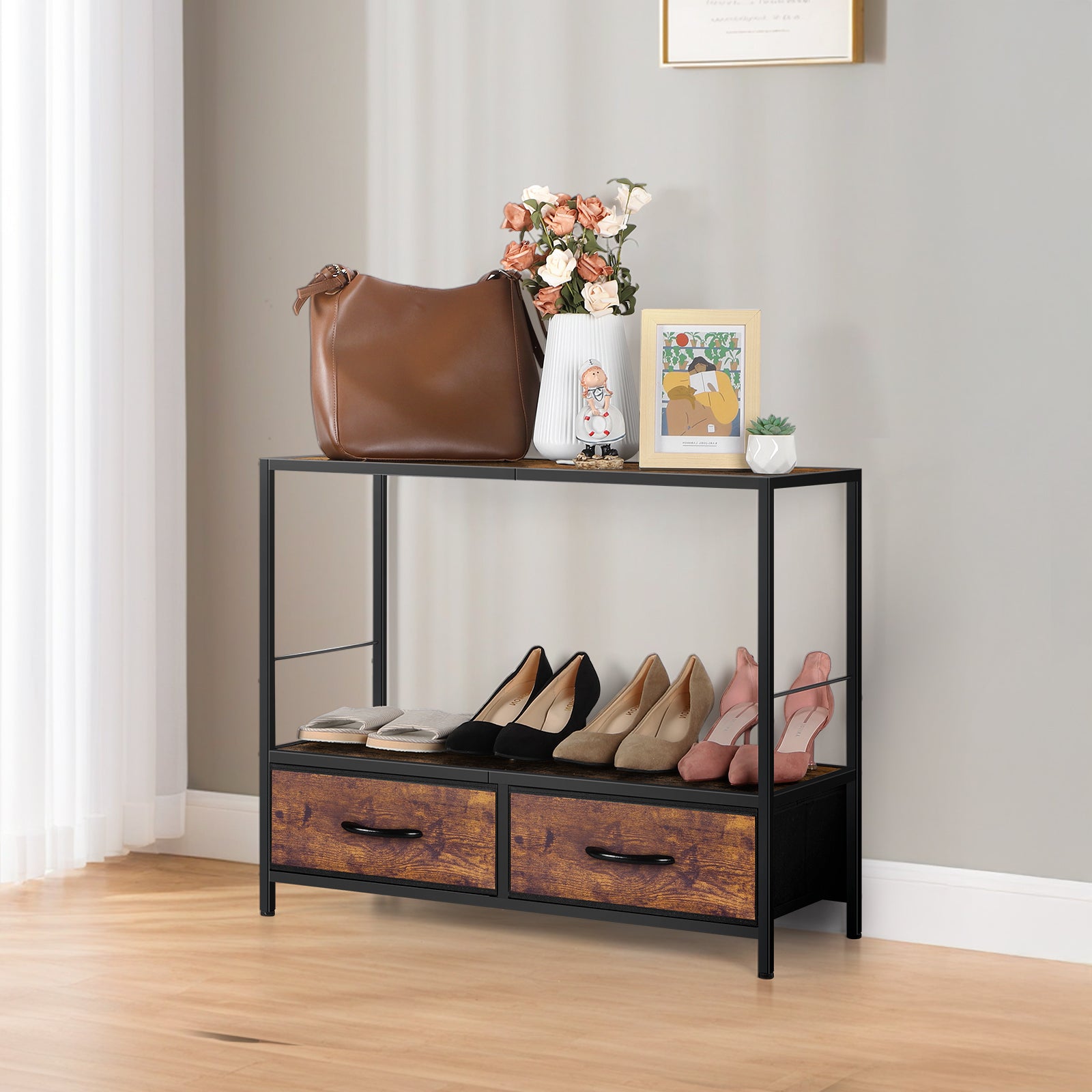 Side Tables Living Room 3 Tier Bed Side Sofa Table with Drawers Farmhouse Small End Table with Storage Shelf for Small Spaces, Bedroom, Home Decor