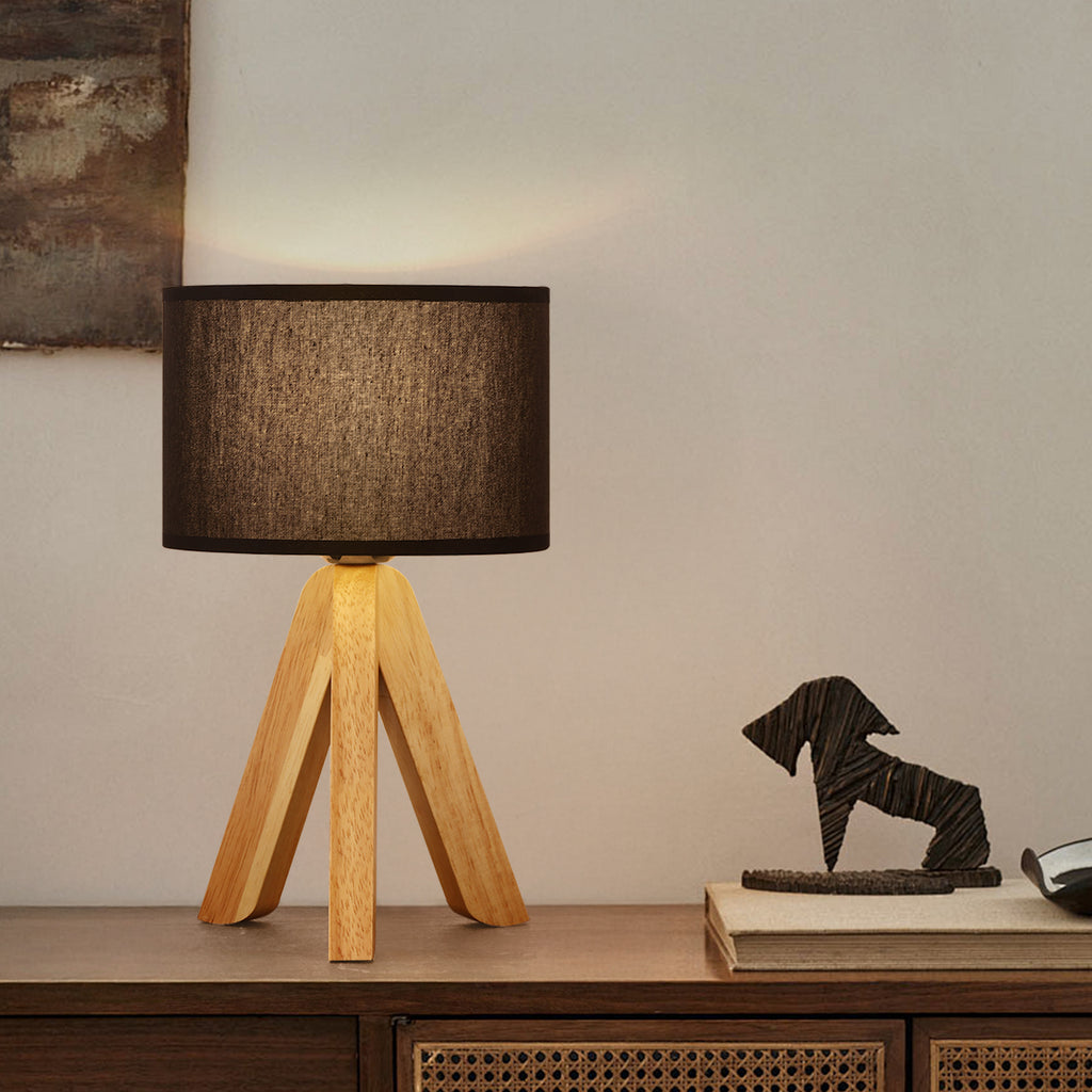 Modern Bedside Table Lamp with Wooden Tripod Base, Linen Fabric Shade Nightlight for Bedroom & Office