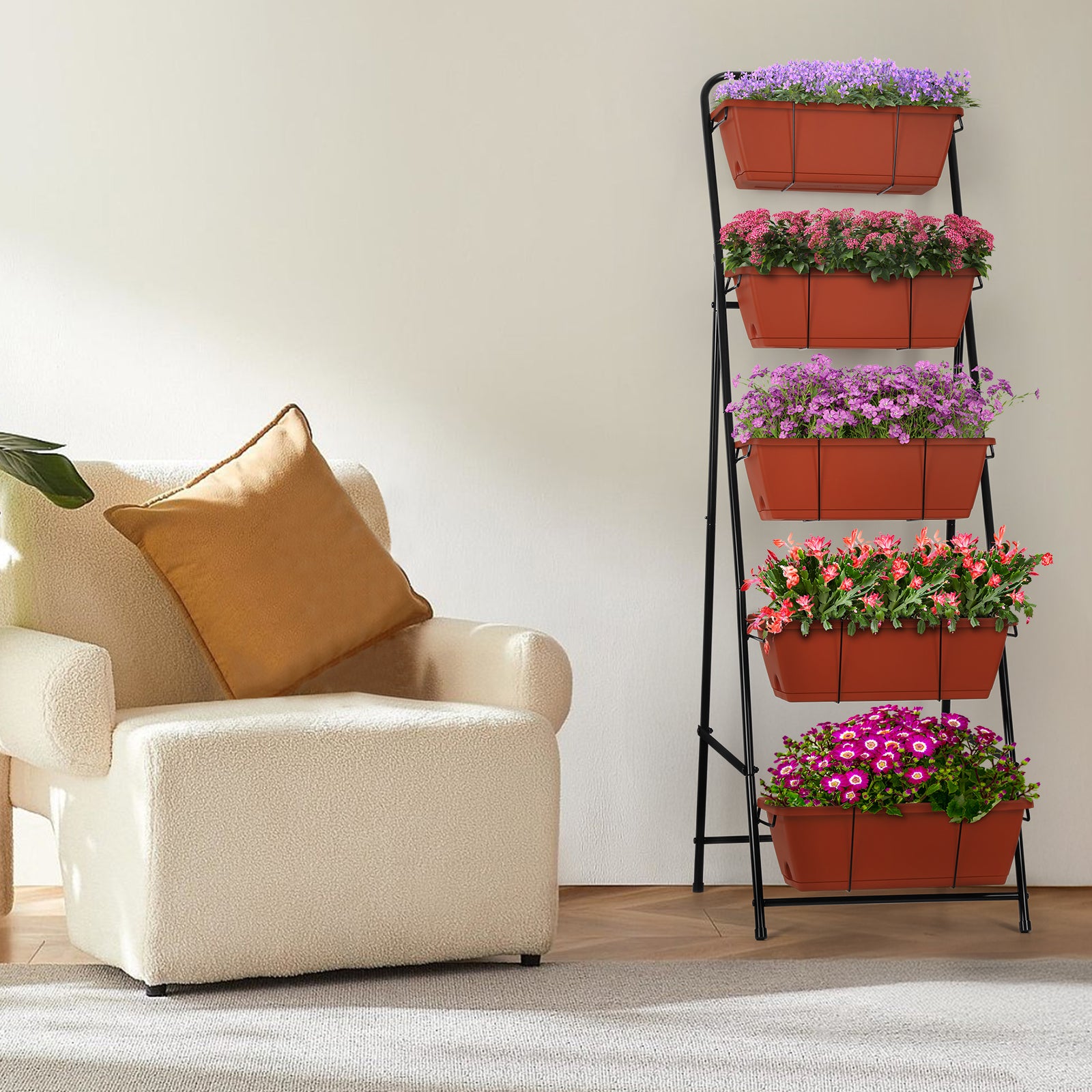 5-Tier Vertical Garden Bed - Large Capacity Standing Planter Boxes with Drainage Trays, Brick Red