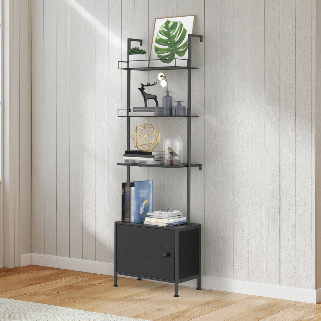 4-Tier Industrial Ladder Shelf with Bottom Storage Cabinet - Wall-Mounted Bookshelf & Display Rack with Metal Frame for Living Room & Office