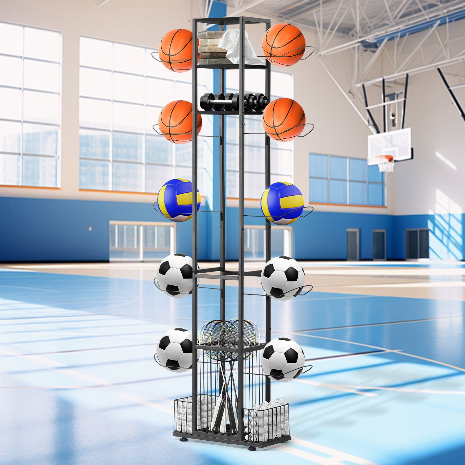 Tall Vertical Sports Ball Storage Rack - Space-Saving Garage Organizer for Basketballs, Soccer Balls & Bats,