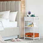3-Tier White Printer Stand with Fabric Drawer, Desktop Book Organizer Holder for Side Table, Office & Home,