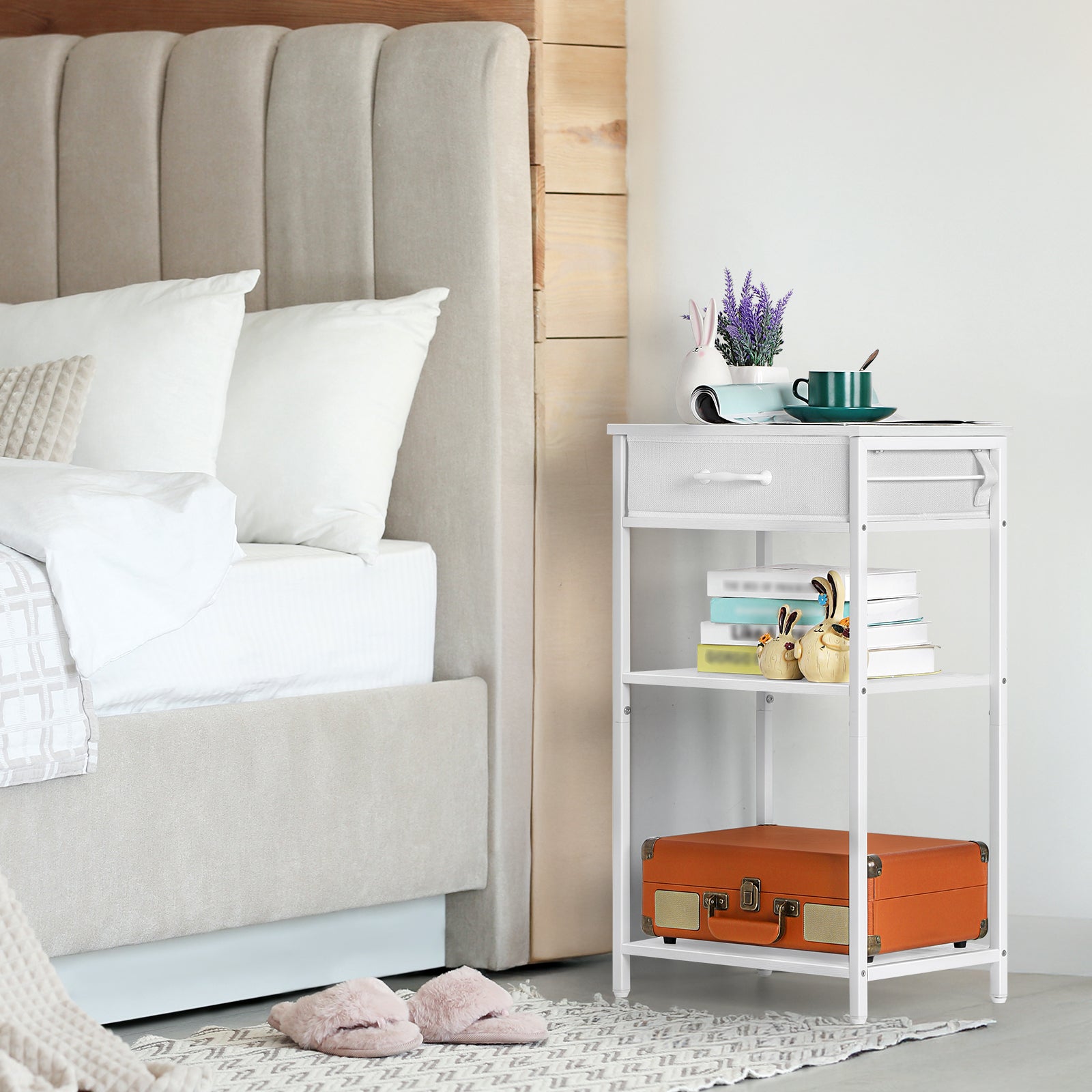 3-Tier White Printer Stand with Fabric Drawer, Desktop Book Organizer Holder for Side Table, Office & Home,