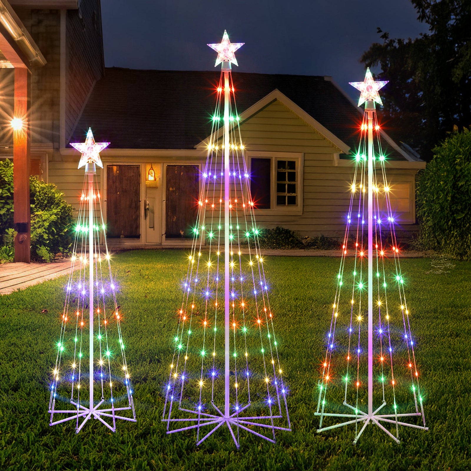 3-Pack Multi-Color Christmas Cone Trees, 8 Lighting Modes LED Outdoor Tree Set for Holiday Yard and Porch Decorations,