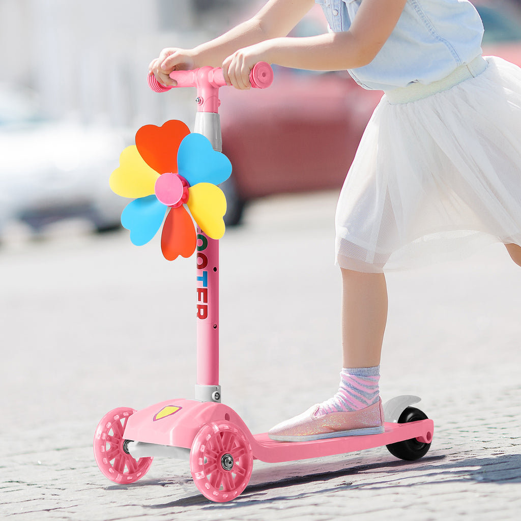 3 Wheels Kids Scooter, Adjustable Height Lean-to-Steer Kick Scooter with LED Light-Up Wheels, Windmill & Streamers, Gifts for Toddlers Boys Girls 3-5 Years Old, Pink