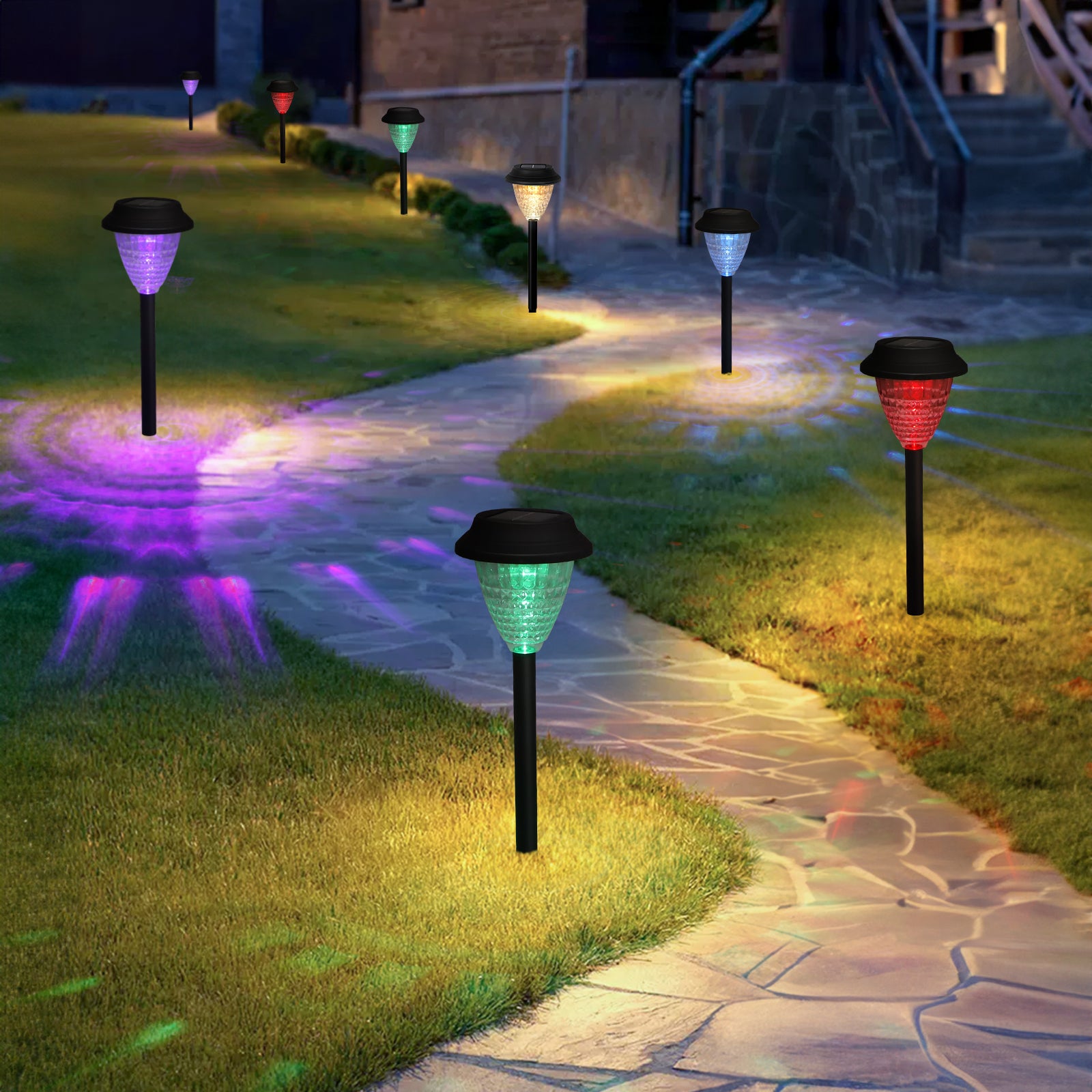Waterproof Solar Powered Garden Path Lights Set of 8, Auto On/Off LED Crystal Ground Stake Landscape Lights, Solar Walkway Lighting for Backyard Sidewalk Lawn Decorations