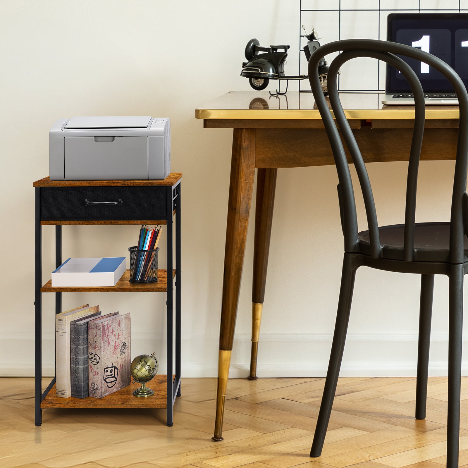 3-Tier Printer Stand with Drawer, Industrial Under Desk Printer Table with Storage Shelves, Rustic Wood Side Table Nightstand for Home Office, Small Printer Cart for Fax Machine, Scanner, Files, Brown