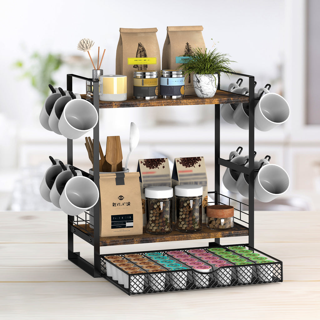 3-Tier Coffee Station Organizer - Countertop Mug Holder with 12 Hooks & 28 Pod Storage Drawer,