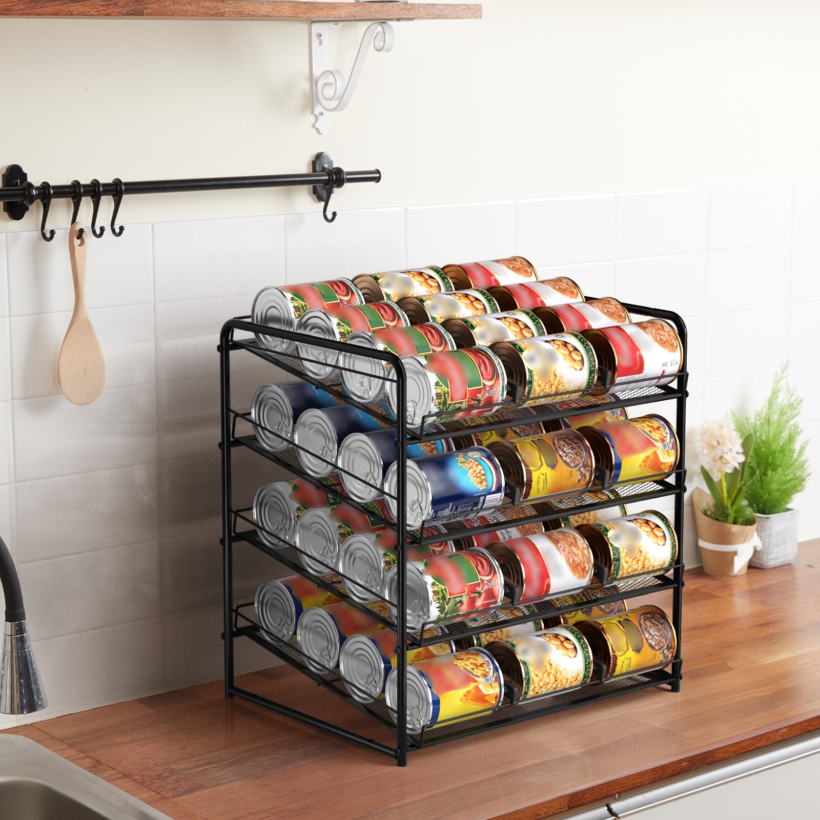 4-Tier Stackable Pantry Can Organizer Rack - Holds up to 48 Cans with Adjustable Dividers, Space-Saving Can Dispenser for Kitchen Cabinet, Black