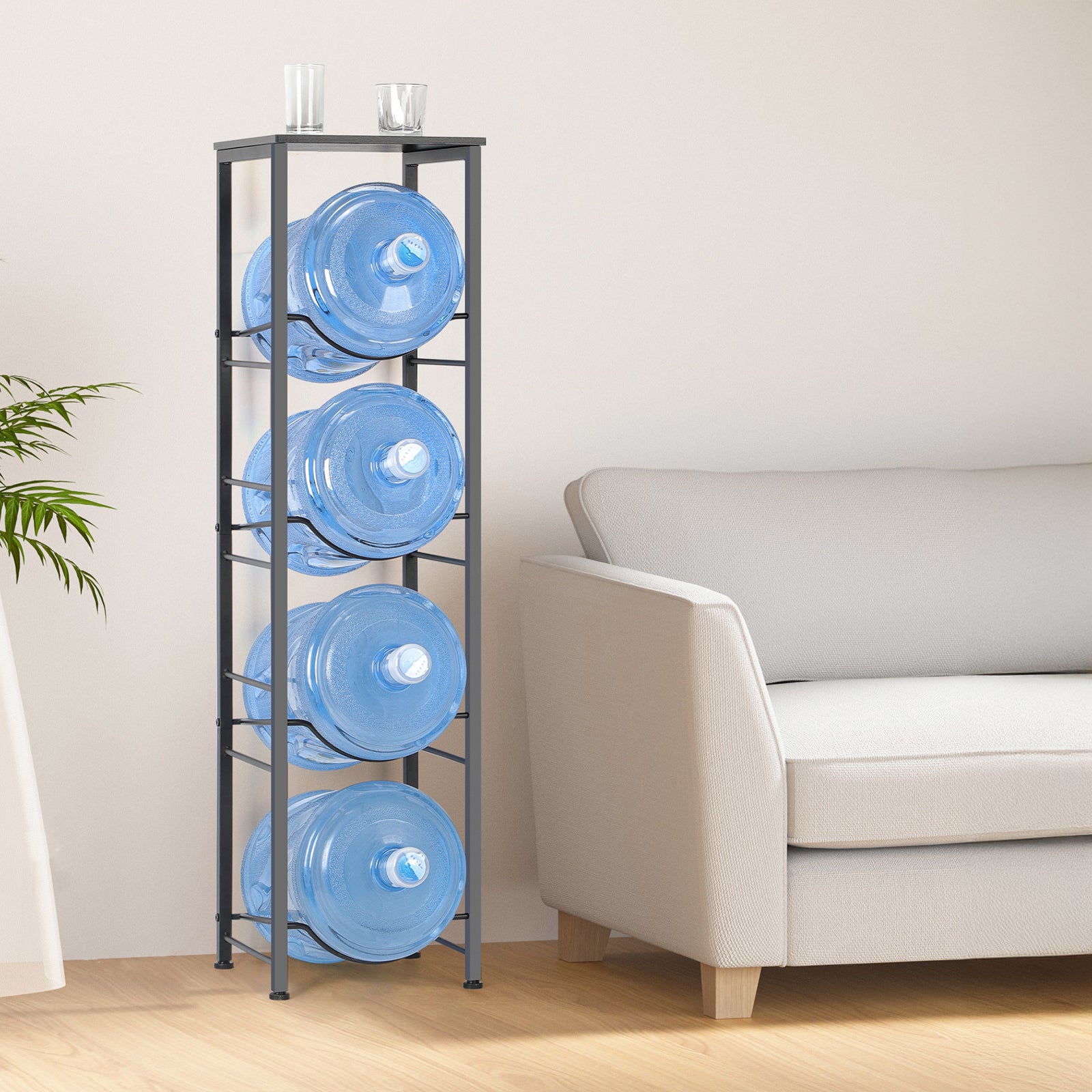 Heavy-Duty 4-Tier Water Bottle Storage Rack with Display Top - 5 Gallon Water Jug Organizer Stand for Home & Office, Space-Saving Black Finish