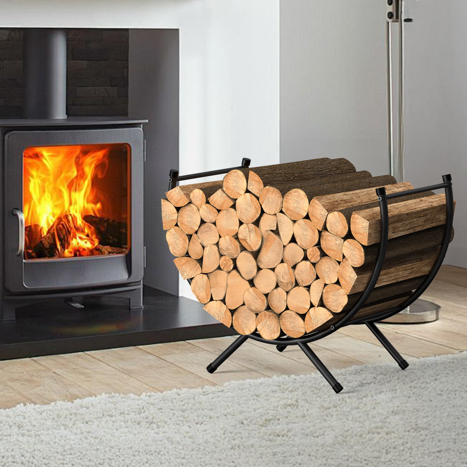 24-Inch Curved Firewood Rack - Small Powder-Coated Metal Fireplace Log Holder, Black