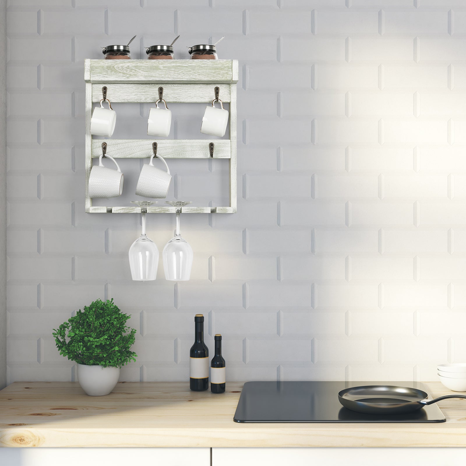 Mug Rack Shelf for Wall Coffee Mug Holder with 6 Hooks and 4 Glasses Hanging Cups Organizer Wall Mount with Shelf Wood Cups Organizer 3 Tier Mugs Display and Collection for Home Kitchen
