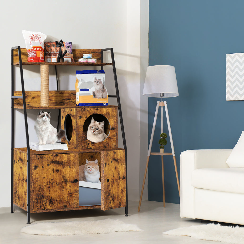 Hidden Cat Litter Box Enclosure with Charging Station, Large Wood Pet House Furniture with Storage Shelves and Entry Hole, Rustic Brown,