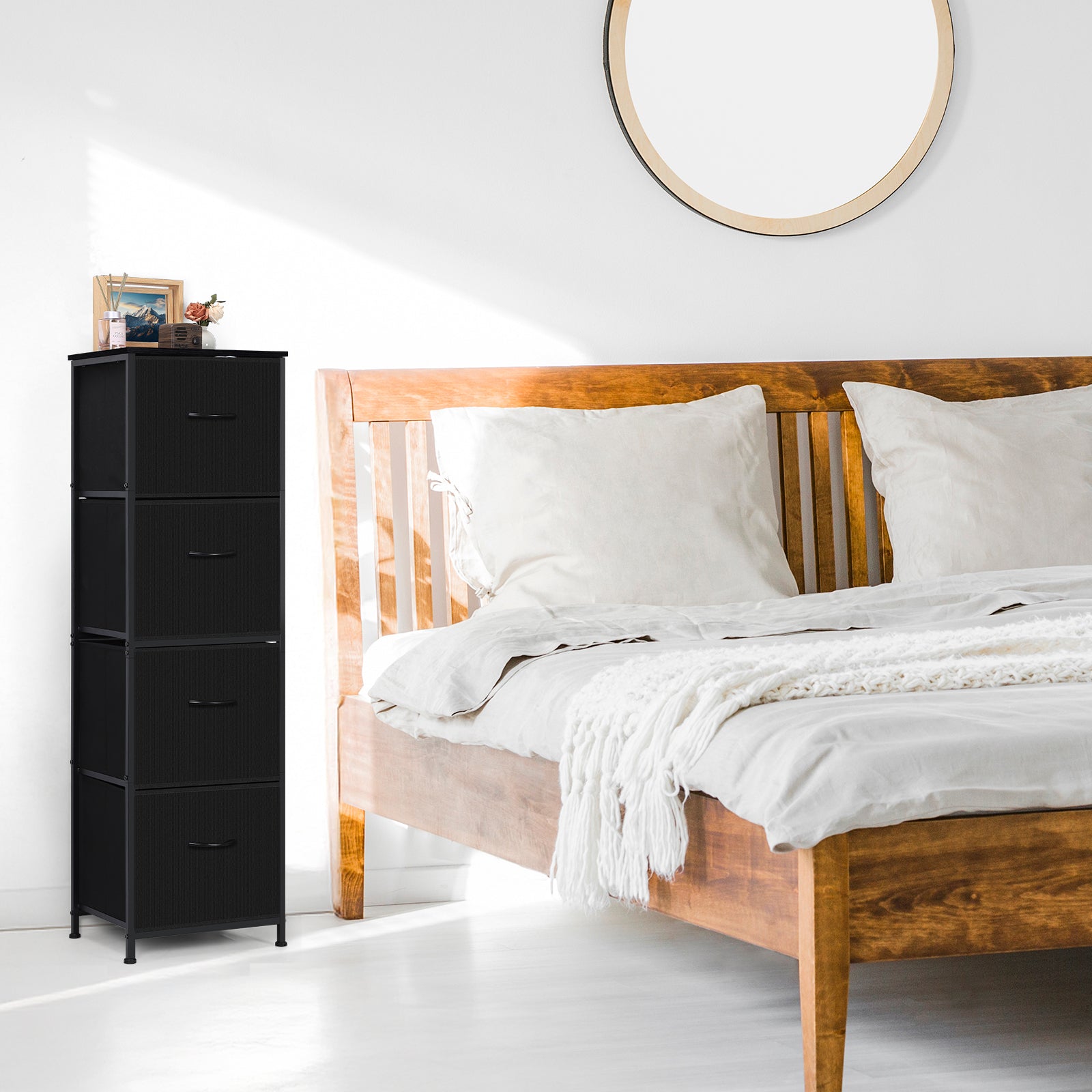 51" Tall 4-Drawer Fabric Dresser Tower - Vertical Closet Organizer for Bedroom & Entryway, Slim Storage Chest with Wooden Top & Metal Frame, Black