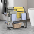 Multi-Level Rolling Towel Drying Rack with Side Storage Baskets - Freestanding Blanket Holder & Bathroom Organizer with Bottom Shelf, Black