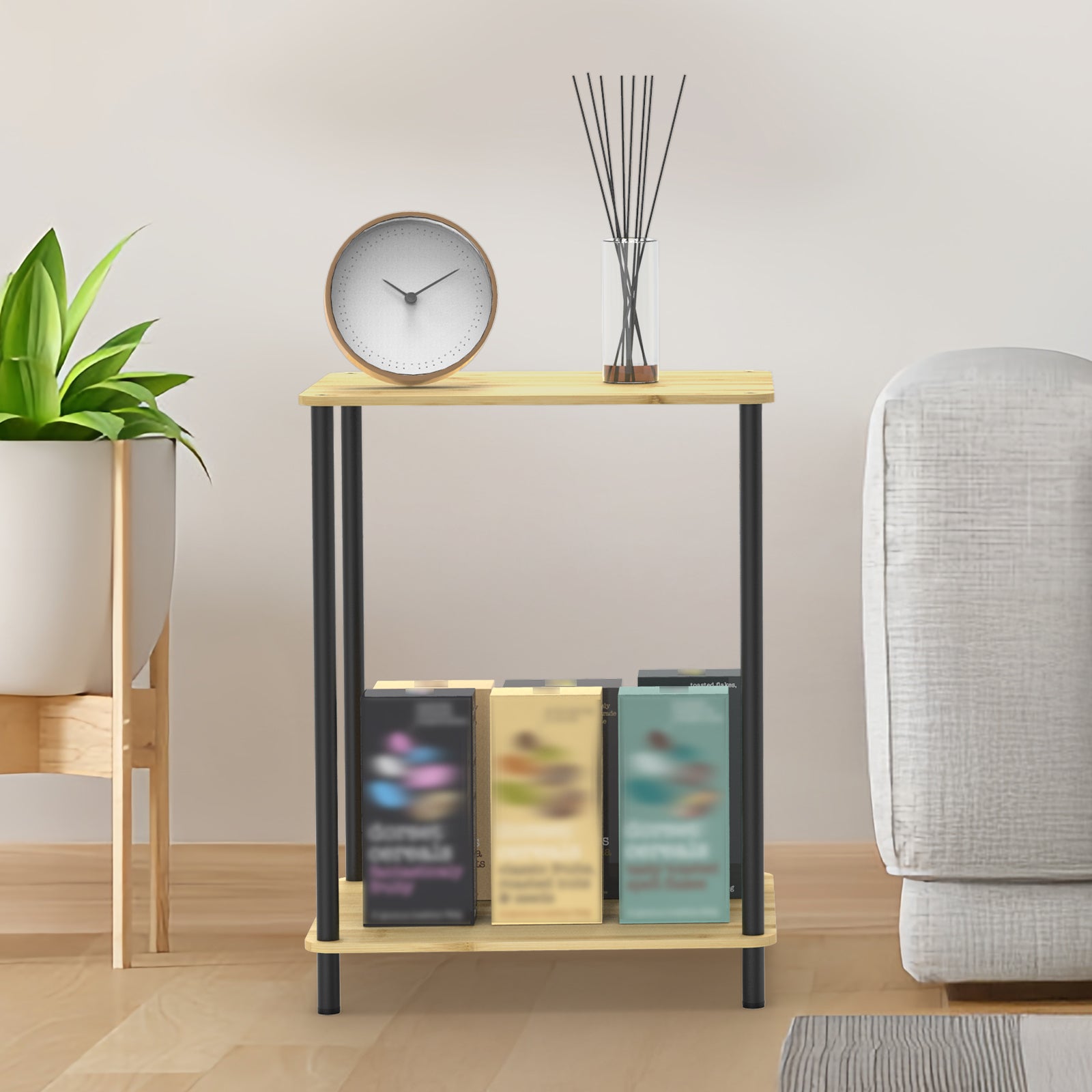 Set of 2 Bamboo 2-Tier Side Tables - Small End Tables for Bedroom & Living Room