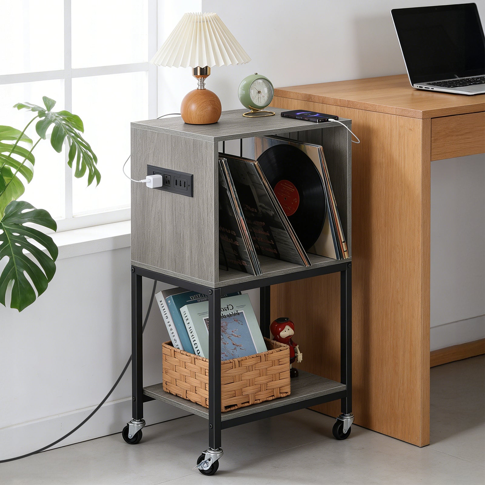 3-Tier Turntable Station and Vinyl Storage Cabinet with Built-in Charging Port, Versatile End Table for Media Organization in Living Room or Bedroom