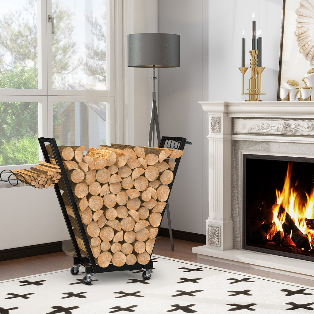 Rolling Firewood Cart with Handle & 4 Hooks, Portable Log Rack for Indoor/Outdoor Use, with Removable Kindling Rack,