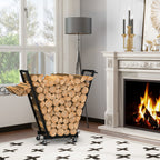 Rolling Firewood Cart with Handle & 4 Hooks, Portable Log Rack for Indoor/Outdoor Use, with Removable Kindling Rack,