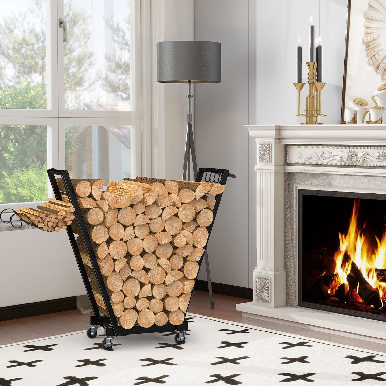 Rolling Firewood Cart with Handle & 4 Hooks, Portable Log Rack for Indoor/Outdoor Use, with Removable Kindling Rack,