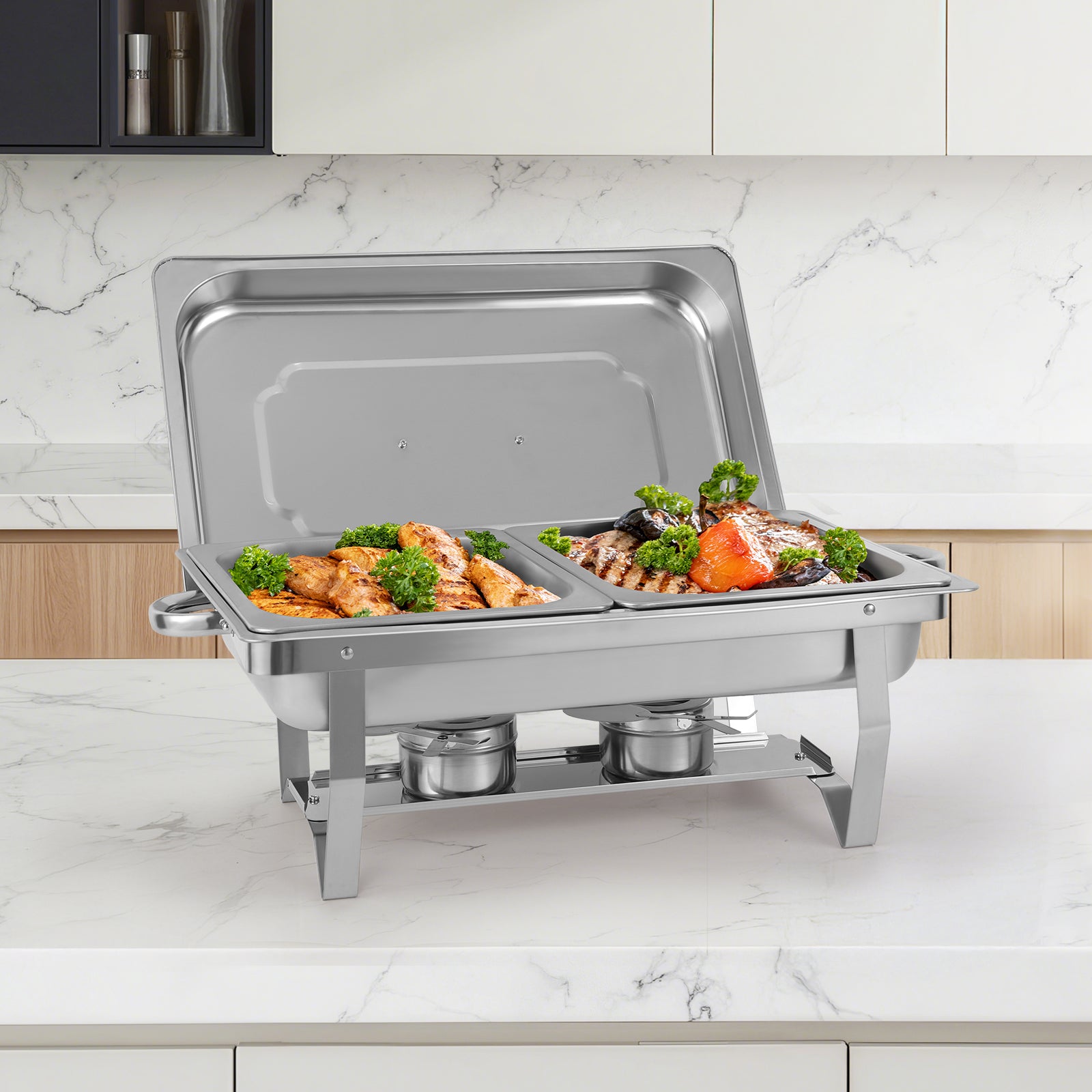 4-Pack Stainless Steel Chafing Dish Buffet Set, 8QT Food Warmer with Lids & Folding Stands for Parties, Catering & Weddings