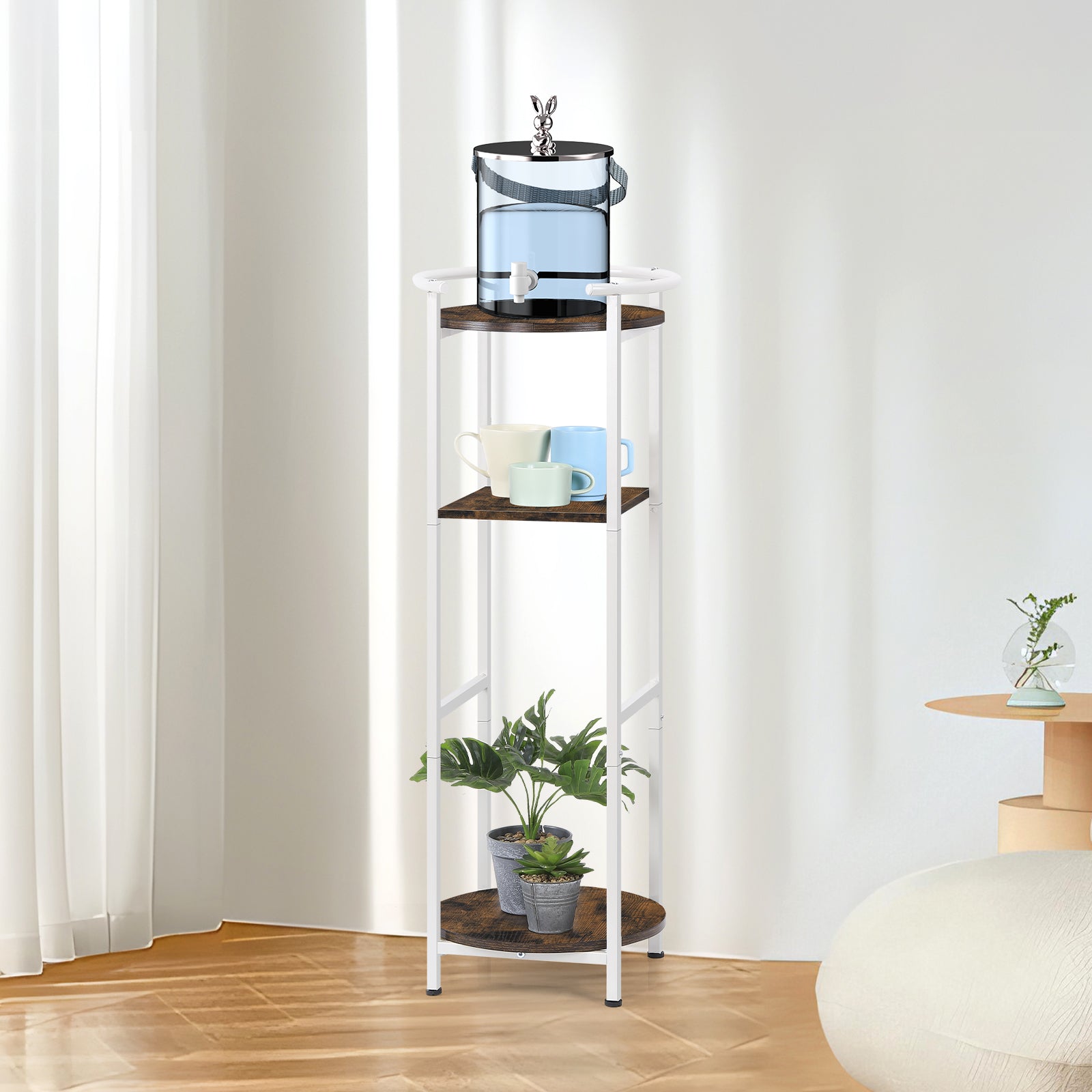 Water Dispenser Stand 5 Gallon - 3-Tier Water Cooler Jug Storage Rack w/ Shelves, Rustic Brown/White