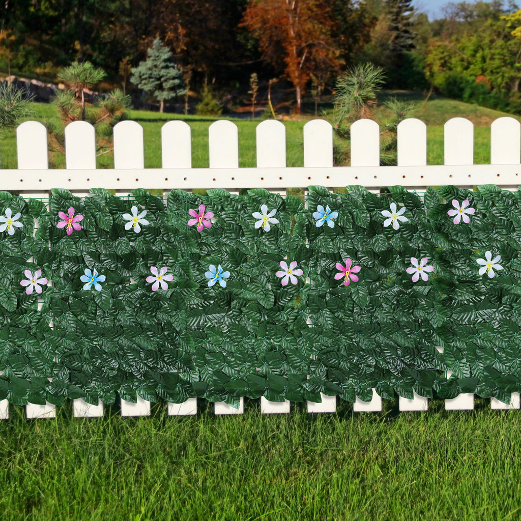 Artificial Ivy Privacy Fence with Flowers (126inch x 35.4inch) - Faux Vine Grass Wall for Garden & Patio