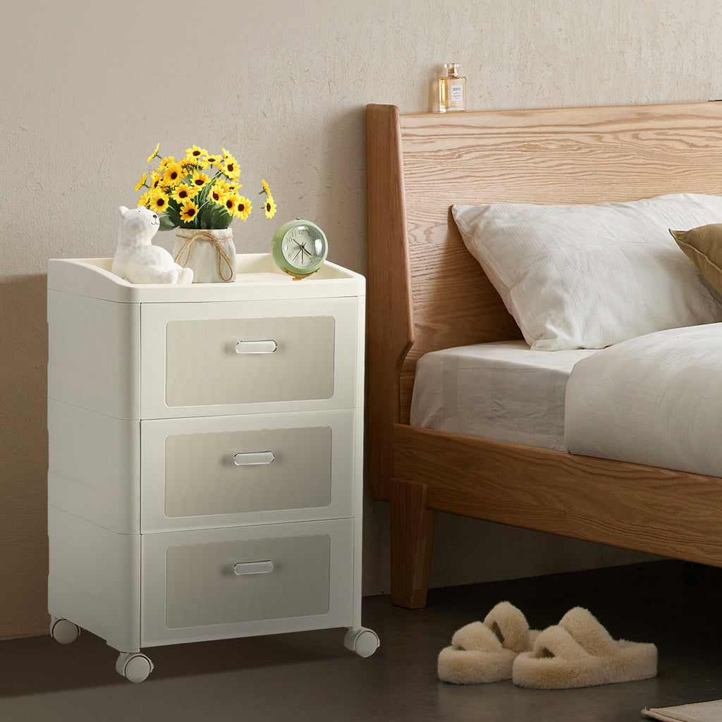 Modern Style Three Layer Transparent/opaque Bedside Table, with Drawers To Store Documents, Simple and Practical, Multi-functional Design, Suitable for Bedroom, Office, Living Room