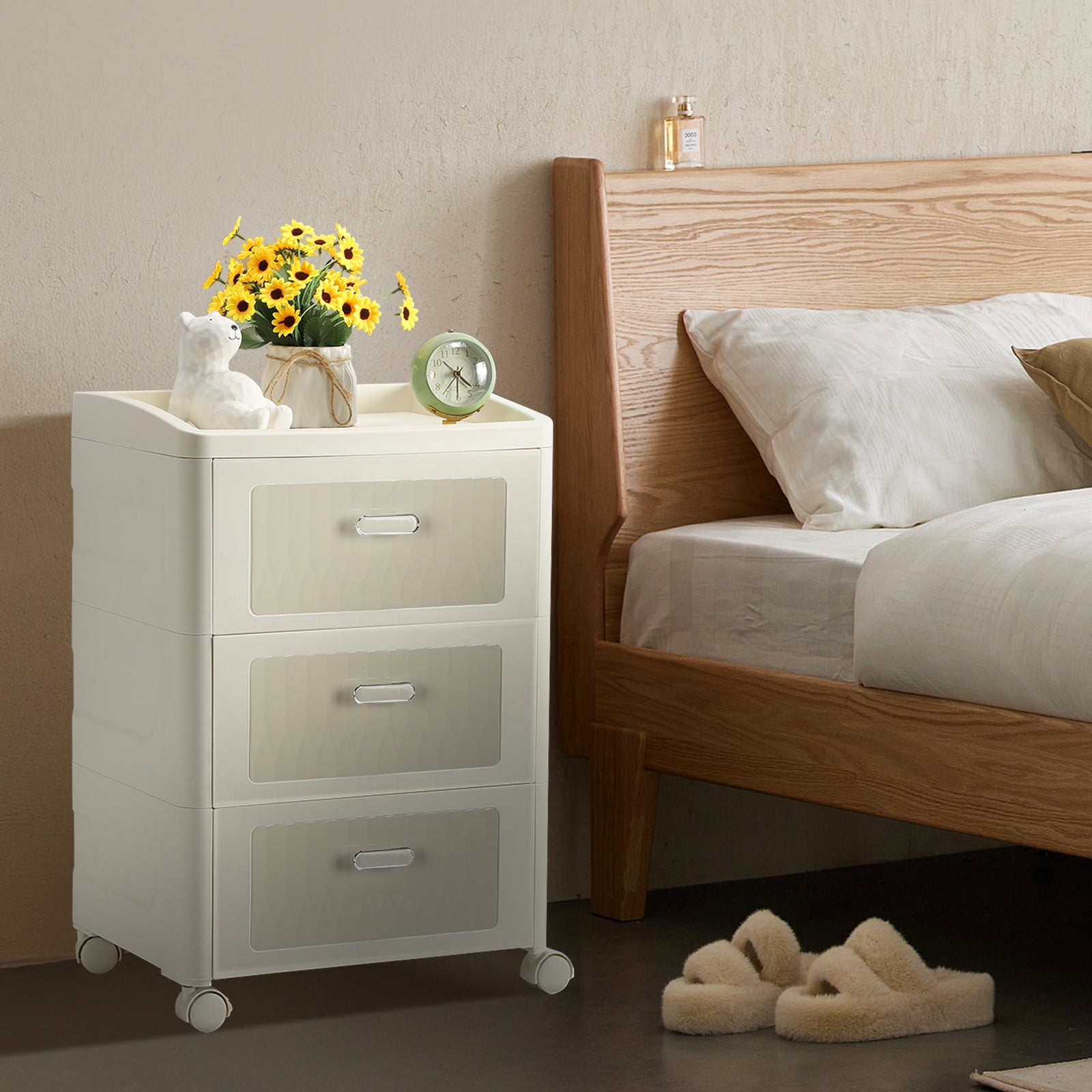 Modern Style Three Layer Transparent/opaque Bedside Table, with Drawers To Store Documents, Simple and Practical, Multi-functional Design, Suitable for Bedroom, Office, Living Room