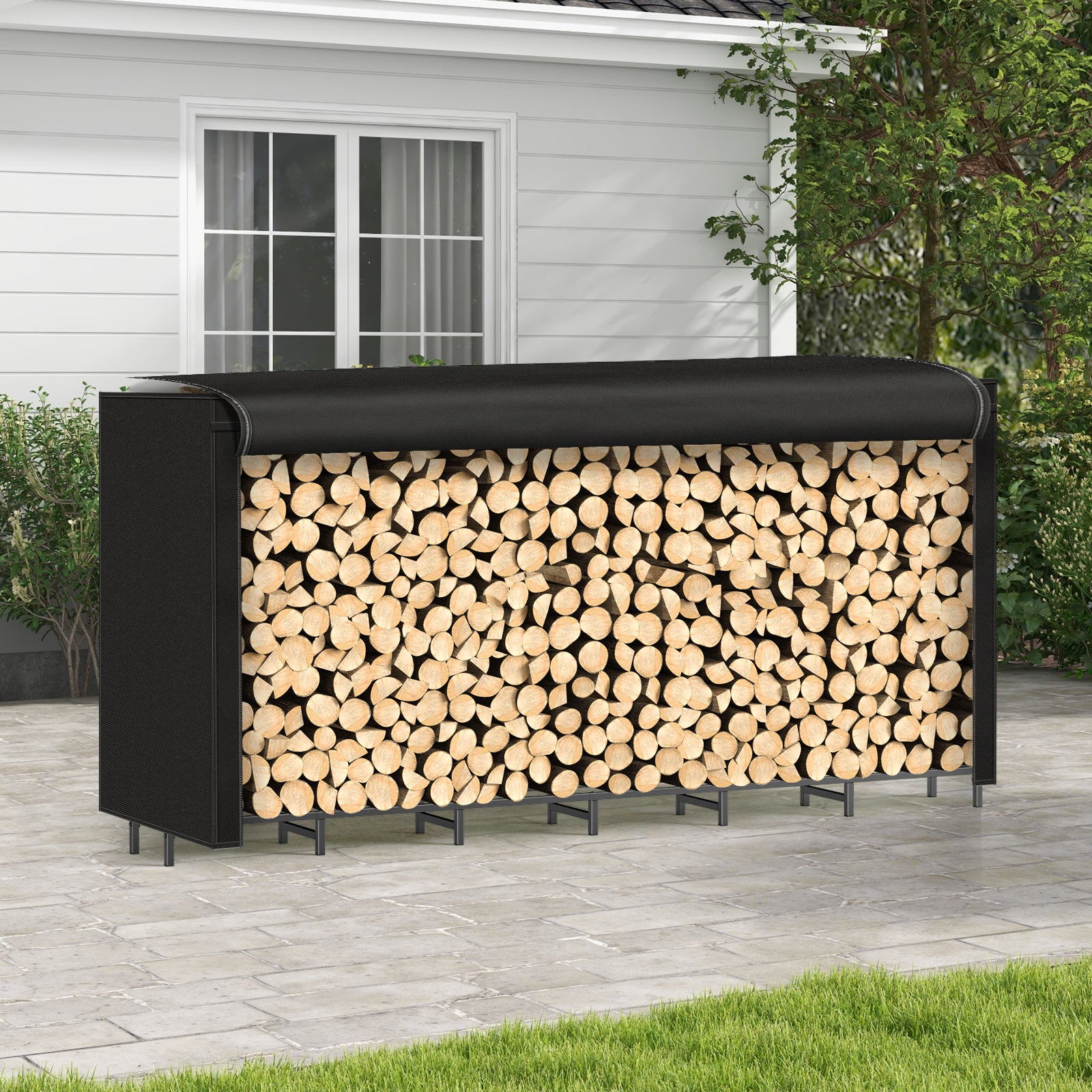 8ft Heavy-Duty Outdoor Firewood Rack with Waterproof Cover - Large Log Storage Stand for Firewood Drying, Weather-Resistant Wood Holder