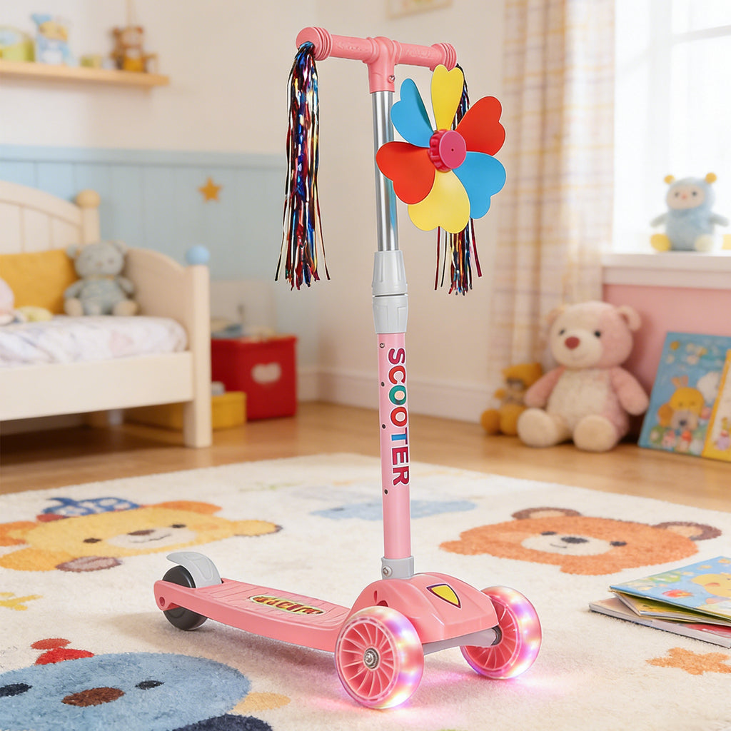 3 Wheels Kids Scooter, Adjustable Height Lean-to-Steer Kick Scooter with LED Light-Up Wheels, Windmill & Streamers, Gifts for Toddlers Boys Girls 3-5 Years Old, Pink