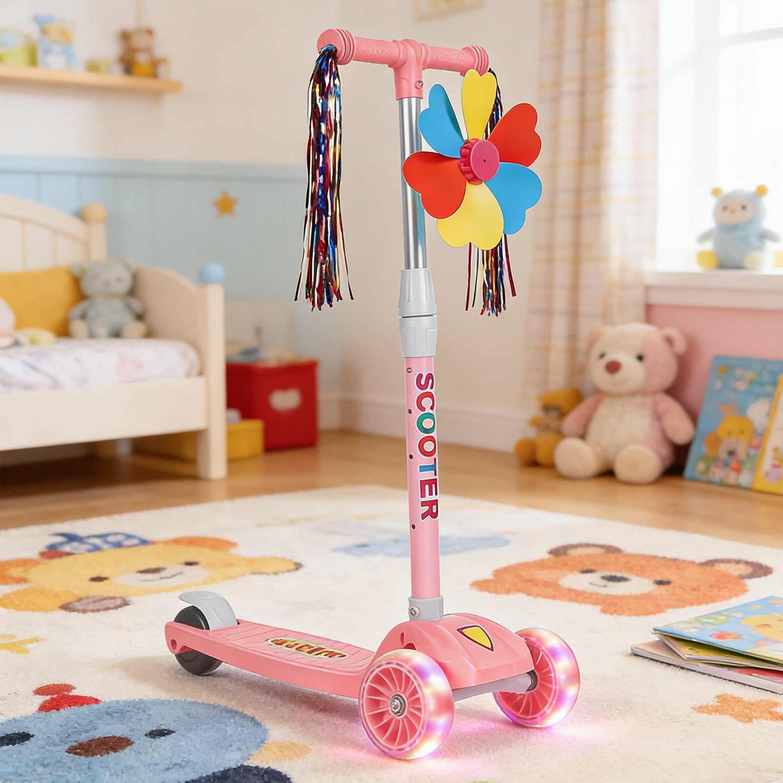 3 Wheels Kids Scooter, Adjustable Height Lean-to-Steer Kick Scooter with LED Light-Up Wheels, Windmill & Streamers, Gifts for Toddlers Boys Girls 3-5 Years Old, Pink