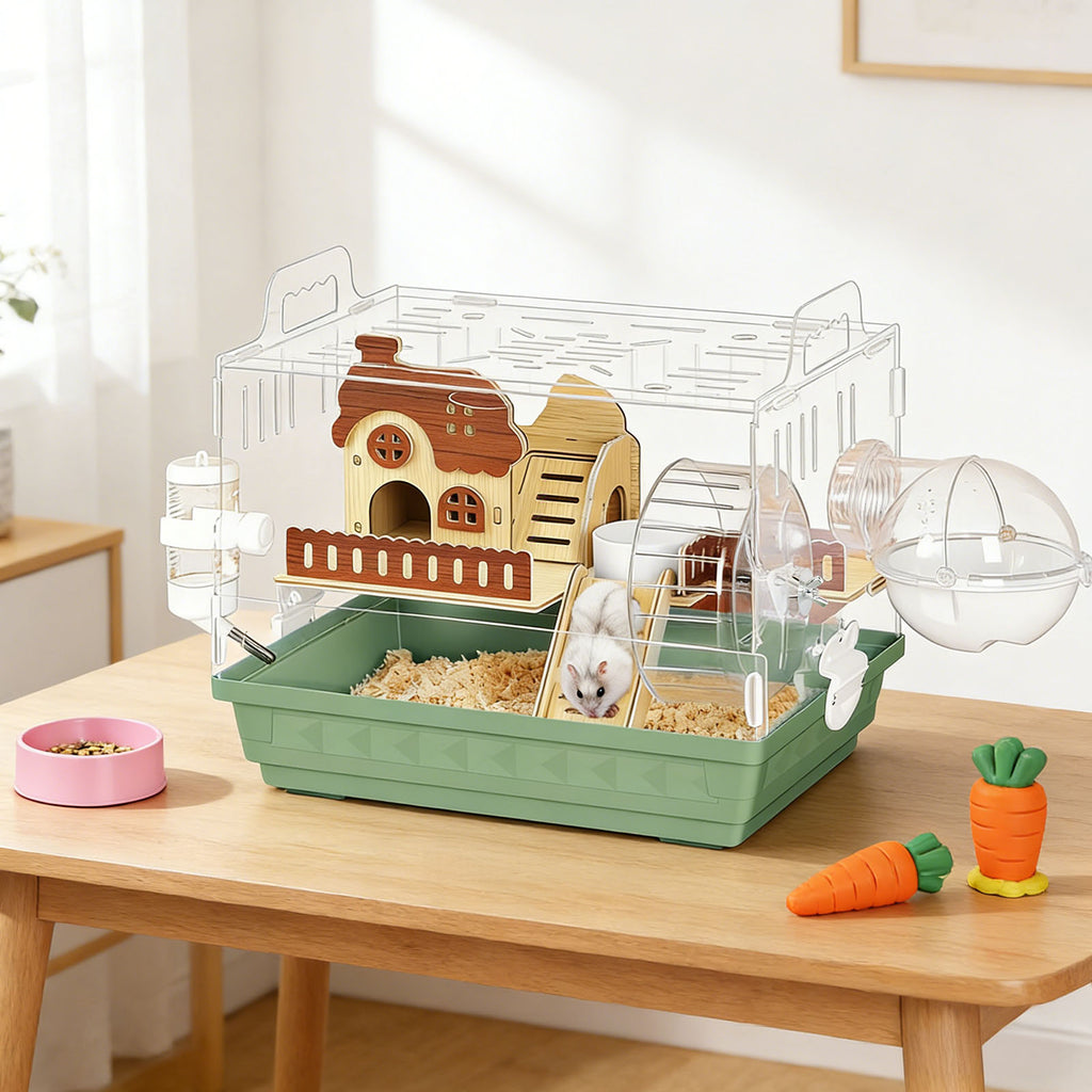 Acrylic Hamster Cage, 360Â° Transparent View Habitat with Running Wheel & Wooden Hideout for Dwarf/Syrian Hamsters, Green, 13.3" L x 10.2" W x 12.4" H
