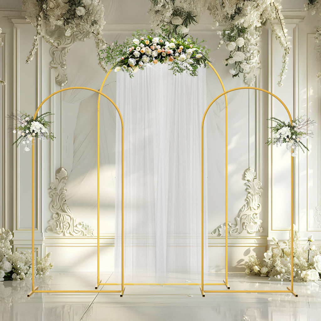 Set of 3 Gold Metal Arch Backdrop Stand, 7.3FT Large Central Arch & 2PCS 6FT Side Arched Frame, Heavy Duty Round Pipe Wedding Balloon Flower Arch Stand for Wedding Baby Shower Gender Reveal Birthday Party Ceremony Decor