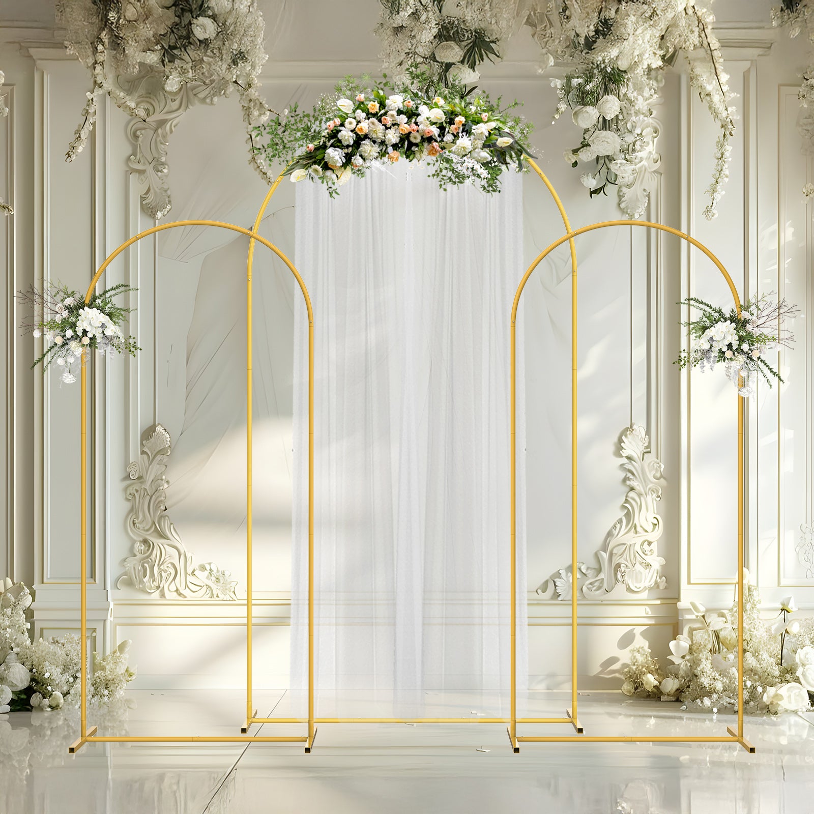 Set of 3 Gold Metal Arch Backdrop Stand, 7.3FT Large Central Arch & 2PCS 6FT Side Arched Frame, Heavy Duty Round Pipe Wedding Balloon Flower Arch Stand for Wedding Baby Shower Gender Reveal Birthday Party Ceremony Decor