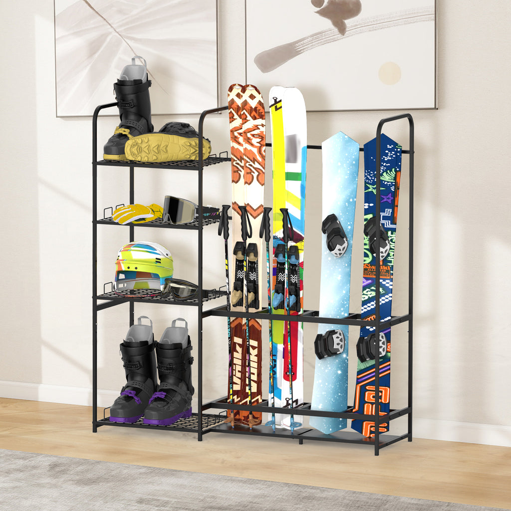 Standalone Metal Ski and Snowboard Storage System for Garage, Heavy-Duty Floor Organizer with Integrated Shelving for Boots, Poles, and Winter Gear
