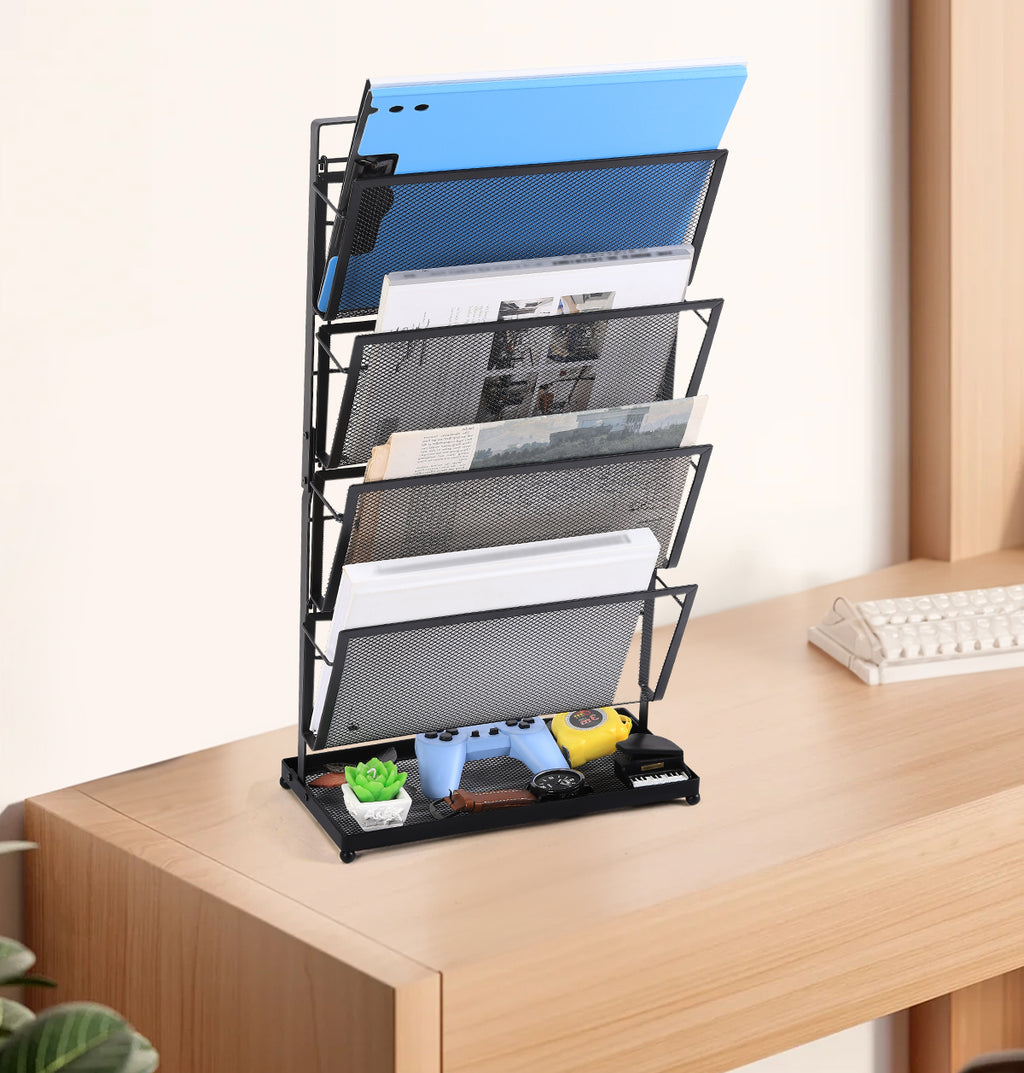 4-Tier Vertical Mesh File Organizer - Desktop Magazine & Letter Rack - Space-Saving Metal Storage Tray for Office Documents & Accessories
