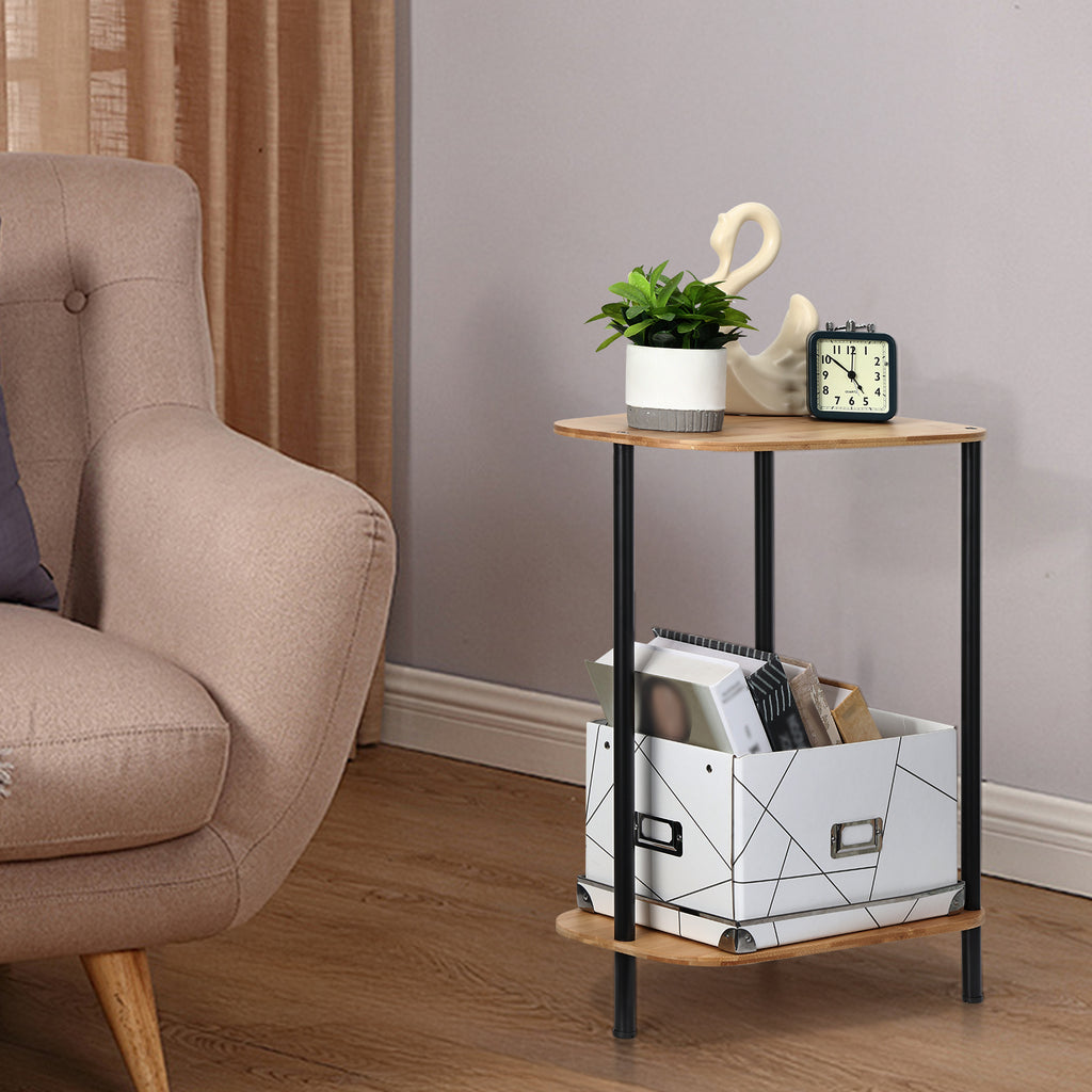 Modern Triangle Bamboo End Table Set (2 Pieces) - 2-Tier Storage Side Tables with Metal Legs